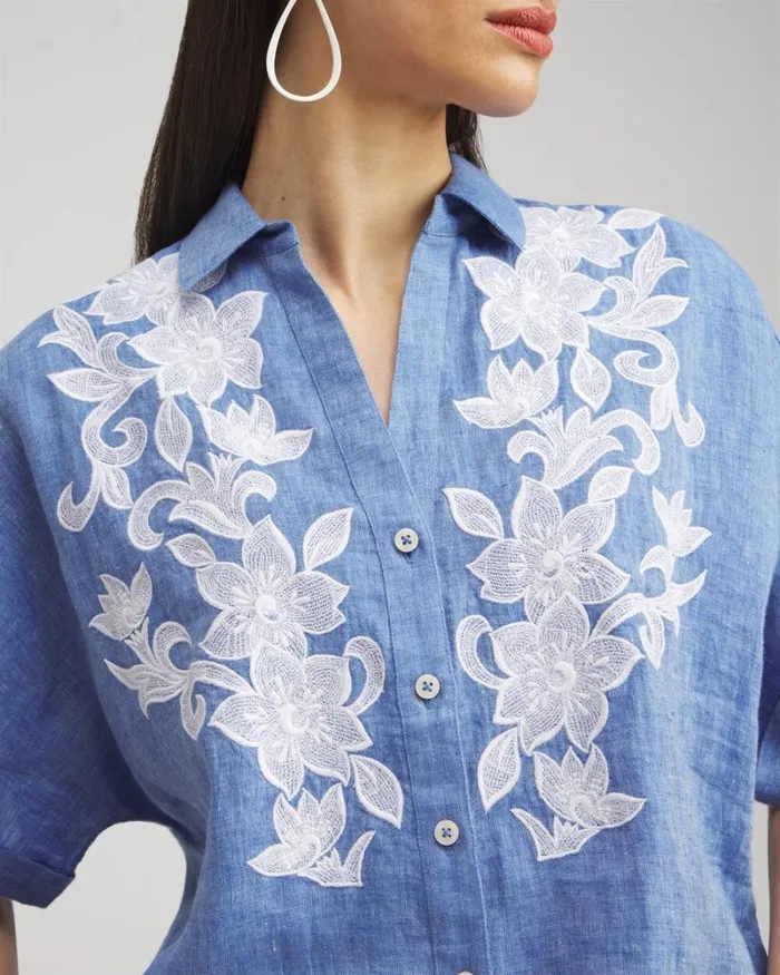 Chico039s Blouses and Shirts Linen Embroidered Applique Shirt Indigo 8211 Clothing Chico039s Blouses and Shirts Linen Embroidered Applique Shirt Indigo 8211 Clothing