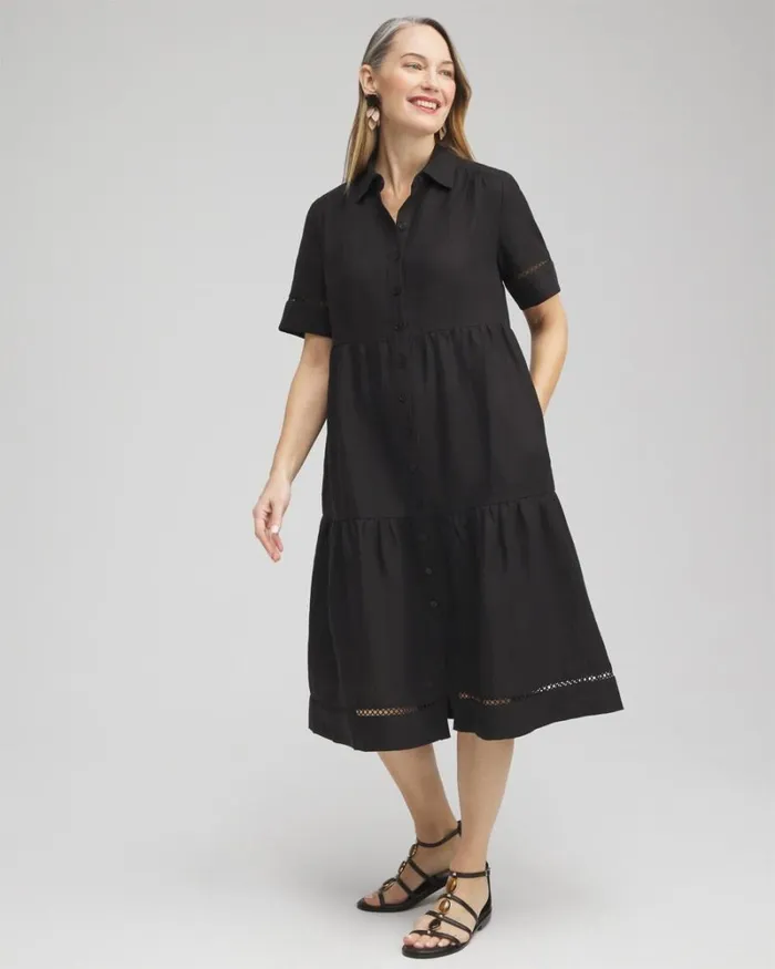 Chico039s Dresses Linen Lattice Trim Midi Dress Black 8211 Clothing