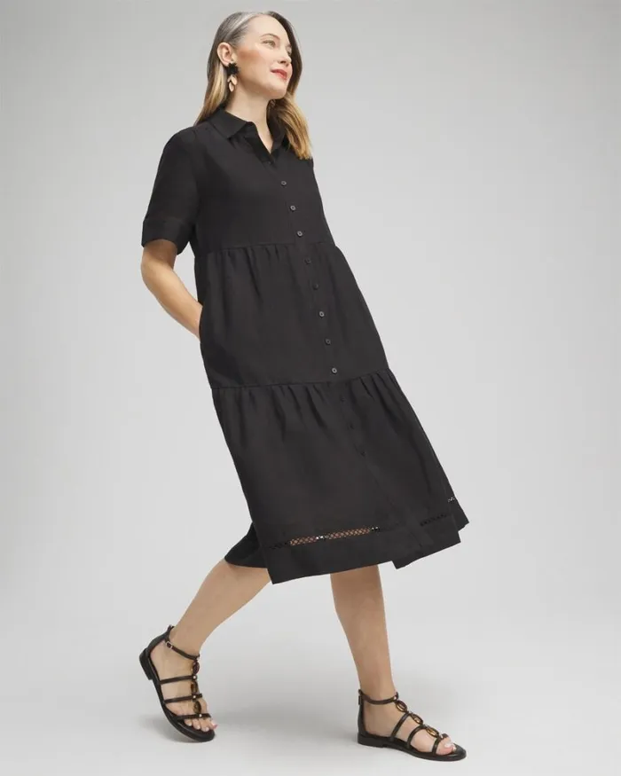 Chico039s Dresses Linen Lattice Trim Midi Dress Black 8211 Clothing