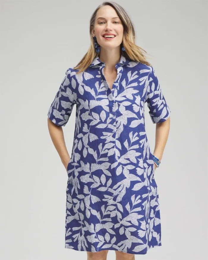 Chico039s Dresses Linen Leaf Print Popover Dress Evening Eclipse 8211 Clothing