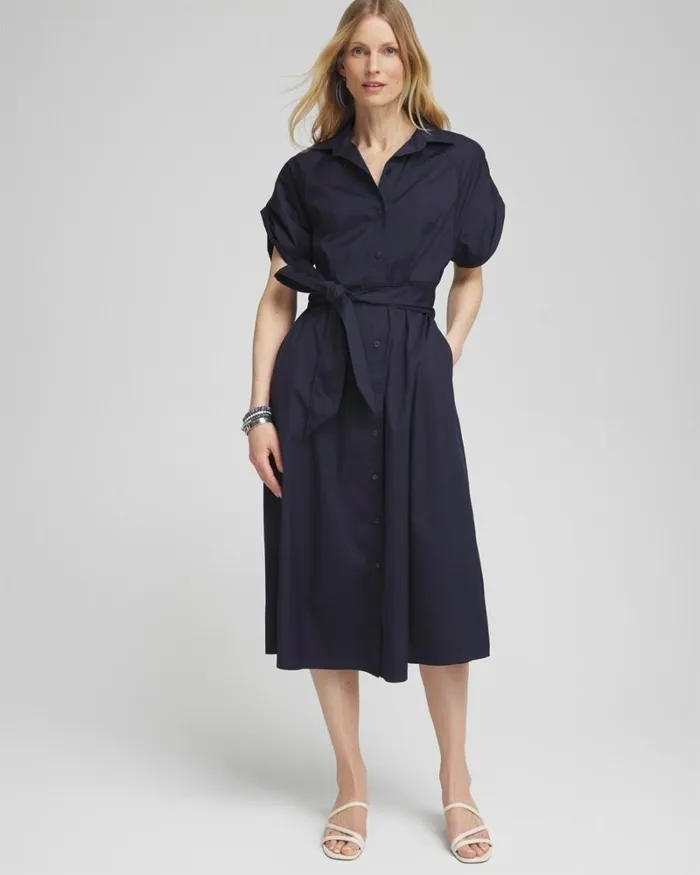 Chico039s Dresses Poplin Tie Waist Shirt Dress Classic Navy 8211 Clothing