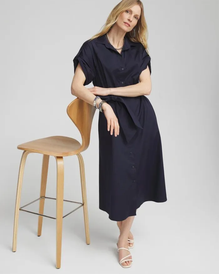 Chico039s Dresses Poplin Tie Waist Shirt Dress Classic Navy 8211 Clothing