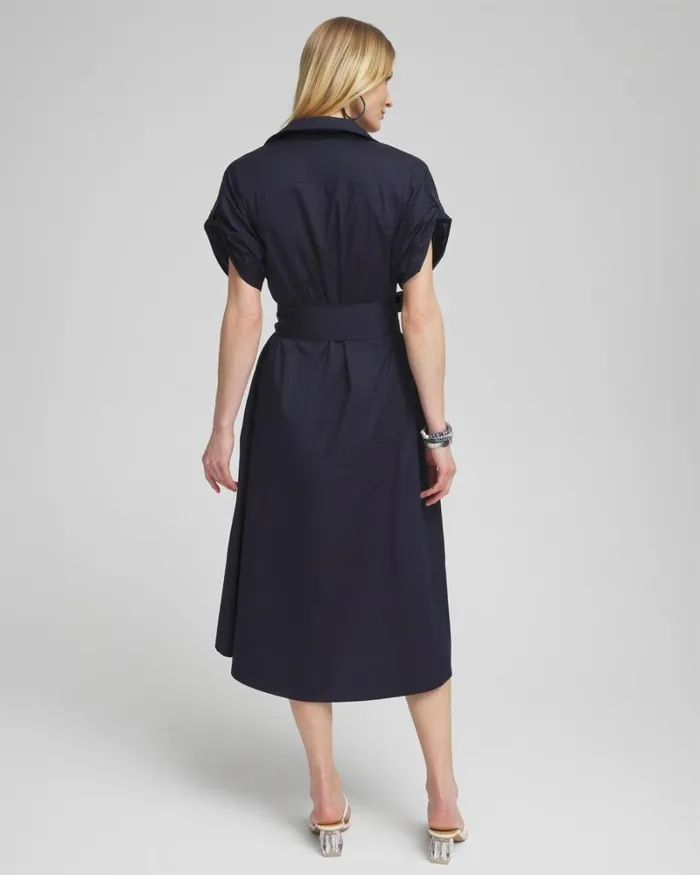 Chico039s Dresses Poplin Tie Waist Shirt Dress Classic Navy 8211 Clothing