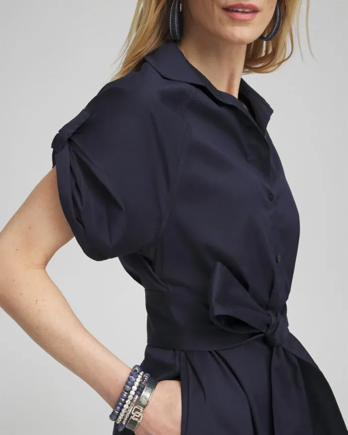 Chico039s Dresses Poplin Tie Waist Shirt Dress Classic Navy 8211 Clothing