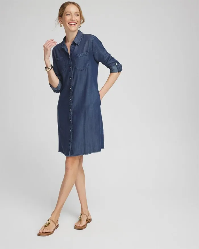 Chico039s Dresses Tencel Fray Shirt Dress Marina Bay Indigo 8211 Clothing