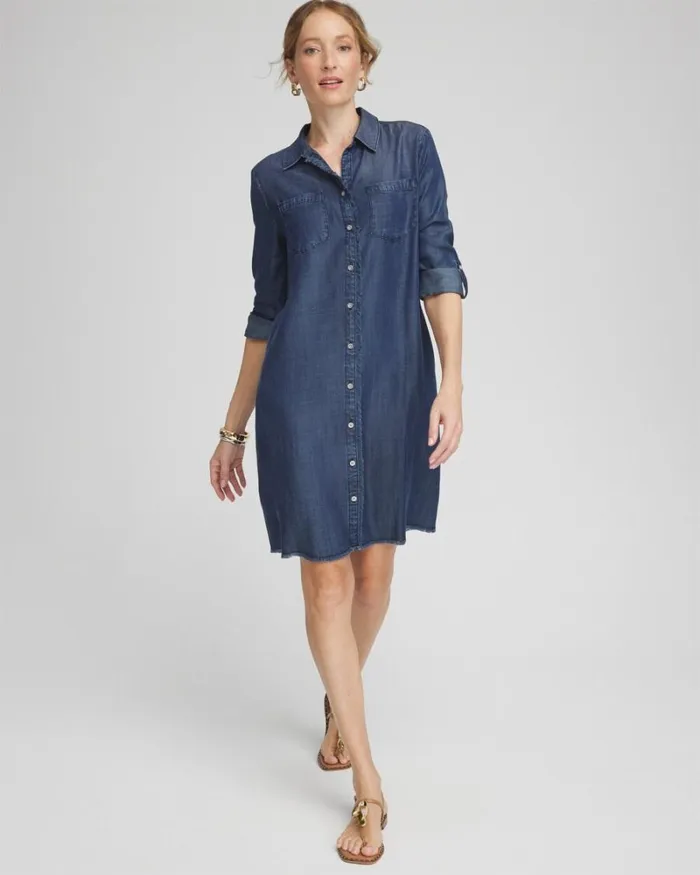 Chico039s Dresses Tencel Fray Shirt Dress Marina Bay Indigo 8211 Clothing