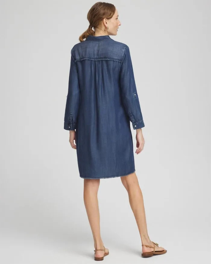 Chico039s Dresses Tencel Fray Shirt Dress Marina Bay Indigo 8211 Clothing
