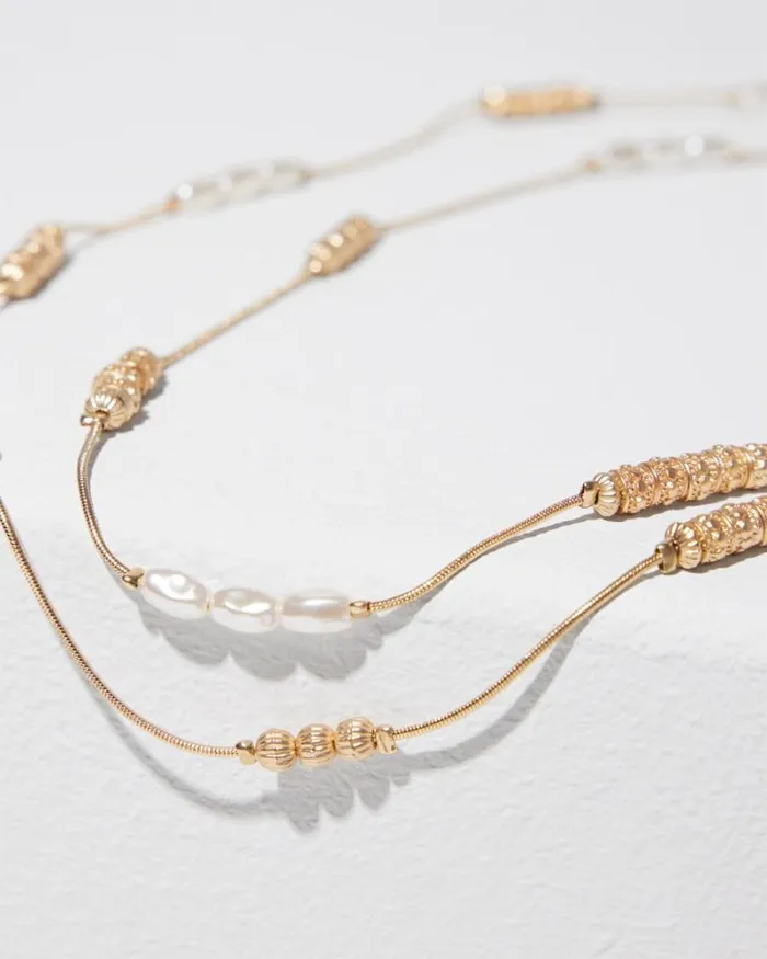 Chico039s Everyday Jewelry Long FauxPearl And Goldtone DoubleStrand Necklace Gold 8211 Shoes and Accessories