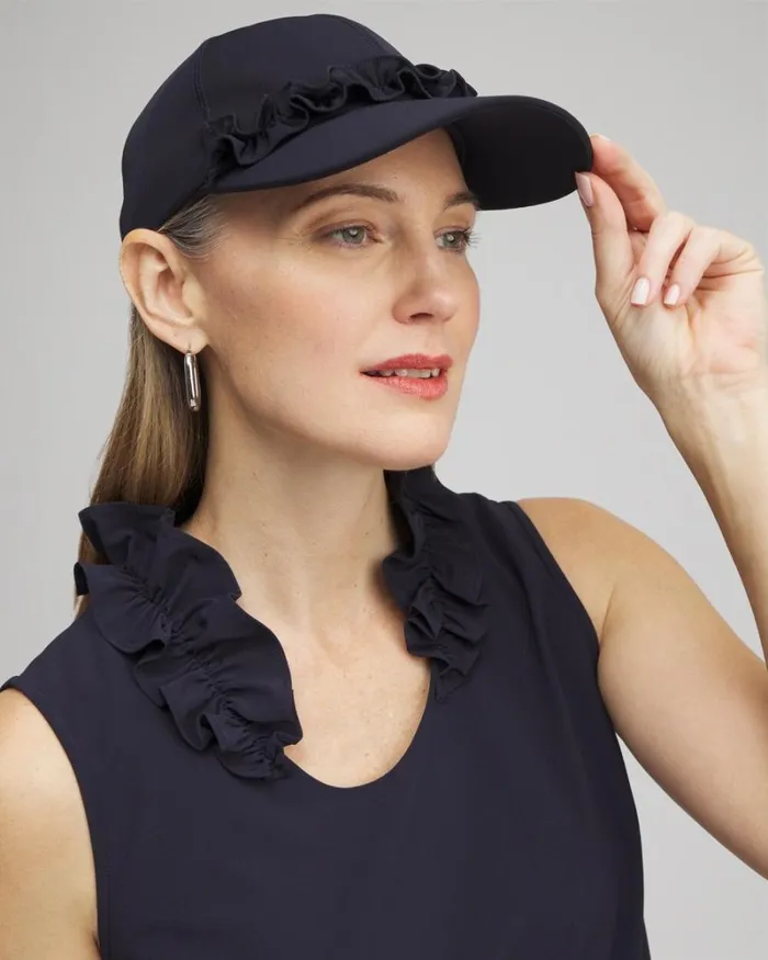 Chico039s Hats Neema UPF Ruffle Baseball Cap Classic Navy 8211 Shoes and Accessories