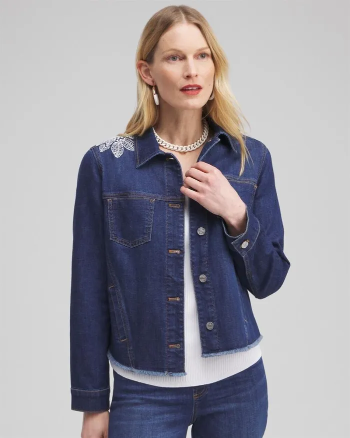 Chico039s Jackets and Coats Fray Hem Embroidered Denim Jacket Morwenna Indigo 8211 Clothing Chico039s Jackets and Coats Fray Hem Embroidered Denim Jacket Morwenna Indigo 8211 Clothing