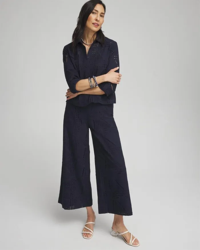 Chico039s Matching Sets Geo Eyelet Soft Cropped Pants Classic Navy 8211 Clothing