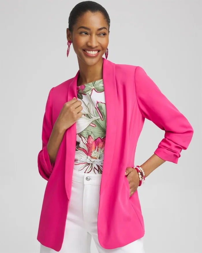 Chico039s Matching Sets Ruched Sleeve Blazer Pink Bromeliad 8211 Clothing