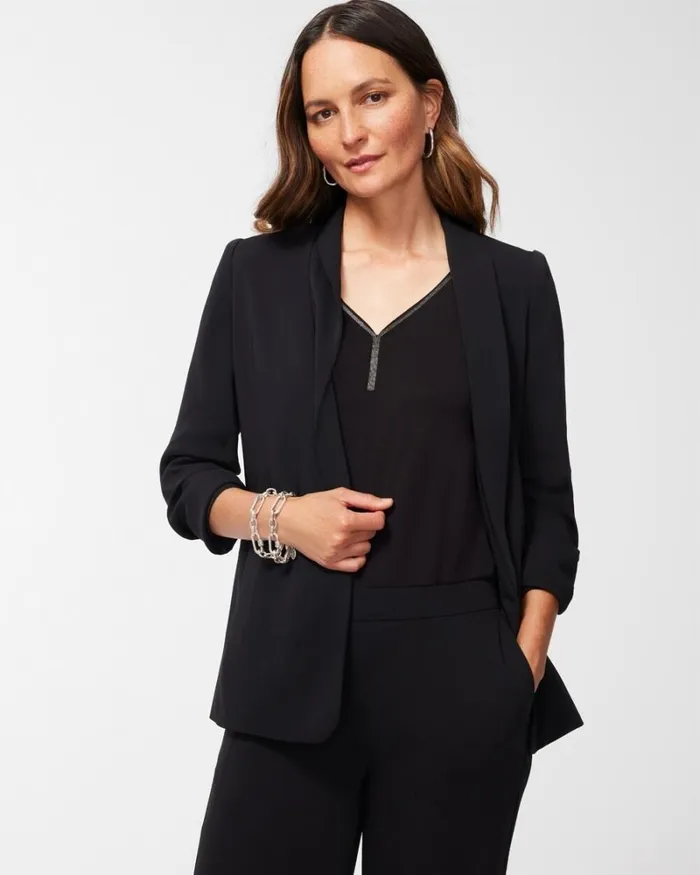Chico039s Matching Sets Ruched Sleeve Blazer Pink Bromeliad 8211 Clothing