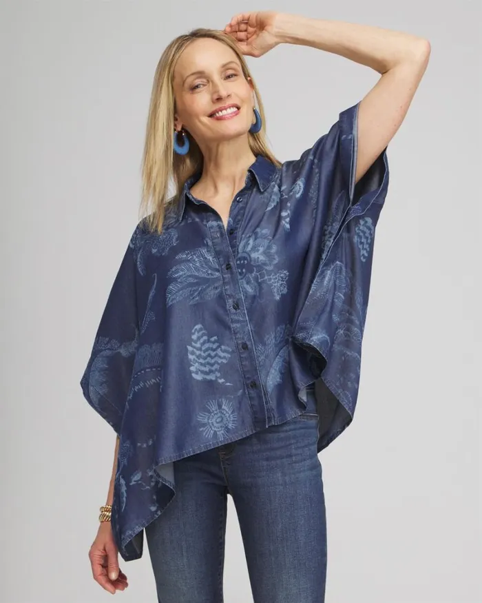 Chico039s Ponchos and Ruanas Floral Button Front Poncho Indigo 8211 Shoes and Accessories Chico039s Ponchos and Ruanas Floral Button Front Poncho Indigo 8211 Shoes and Accessories