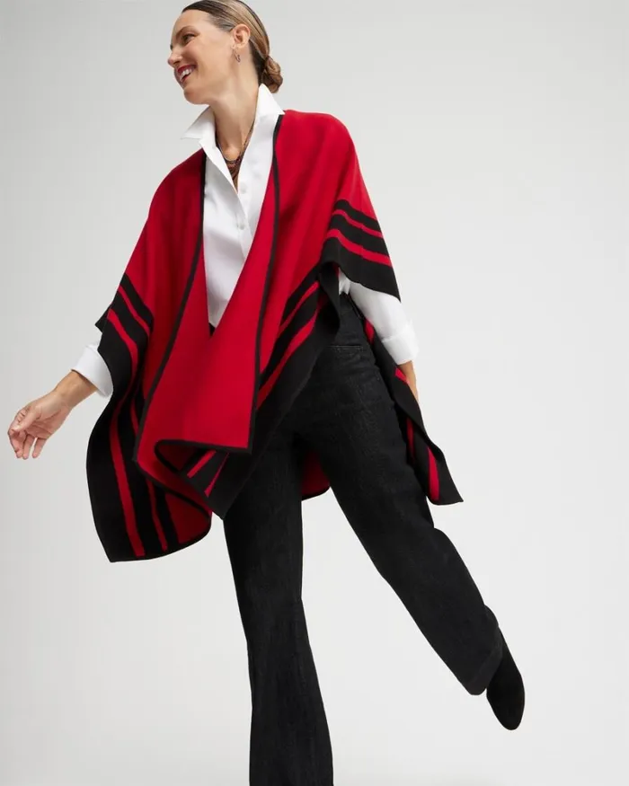 Chico039s Ponchos and Ruanas Red Stripe Border Ruana Black 8211 Shoes and Accessories