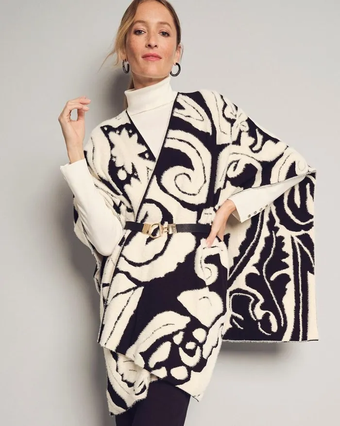 Chico039s Ponchos and Ruanas Reversible Jacquard Ruana Black 8211 Shoes and Accessories Chico039s Ponchos and Ruanas Reversible Jacquard Ruana Black 8211 Shoes and Accessories