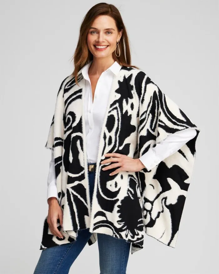Chico039s Ponchos and Ruanas Reversible Jacquard Ruana Black 8211 Shoes and Accessories Chico039s Ponchos and Ruanas Reversible Jacquard Ruana Black 8211 Shoes and Accessories