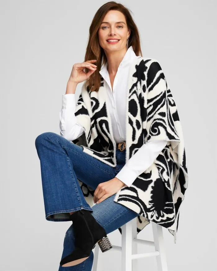 Chico039s Ponchos and Ruanas Reversible Jacquard Ruana Black 8211 Shoes and Accessories Chico039s Ponchos and Ruanas Reversible Jacquard Ruana Black 8211 Shoes and Accessories
