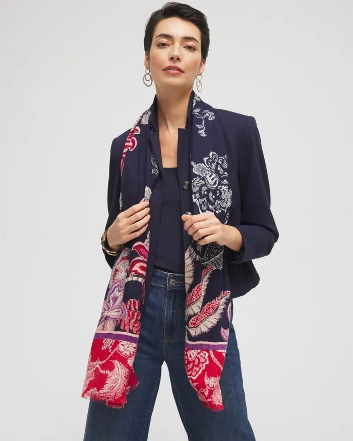 Chico039s Scarves Mixed Floral Print Oblong Scarf Classic Navy 8211 Shoes and Accessories