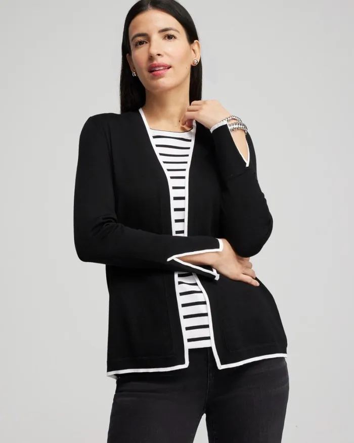 Chico039s Sweaters Spun Rayon Contrast Trim Cardigan Black 8211 Clothing