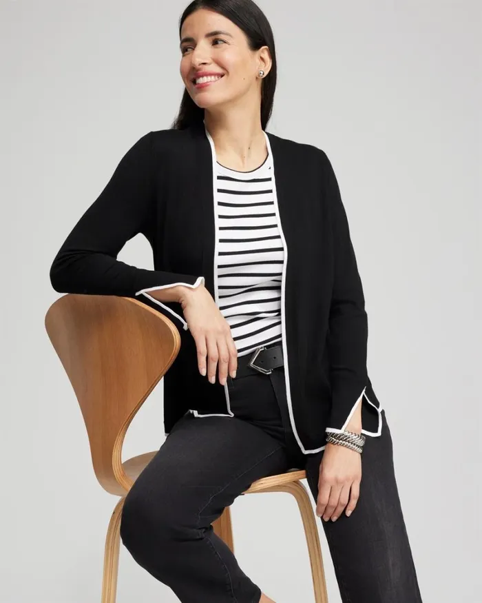 Chico039s Sweaters Spun Rayon Contrast Trim Cardigan Black 8211 Clothing