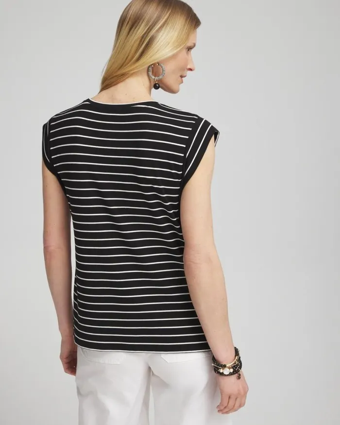 Chico039s Tees Stripe Cap Sleeve Tee Black 8211 Clothing