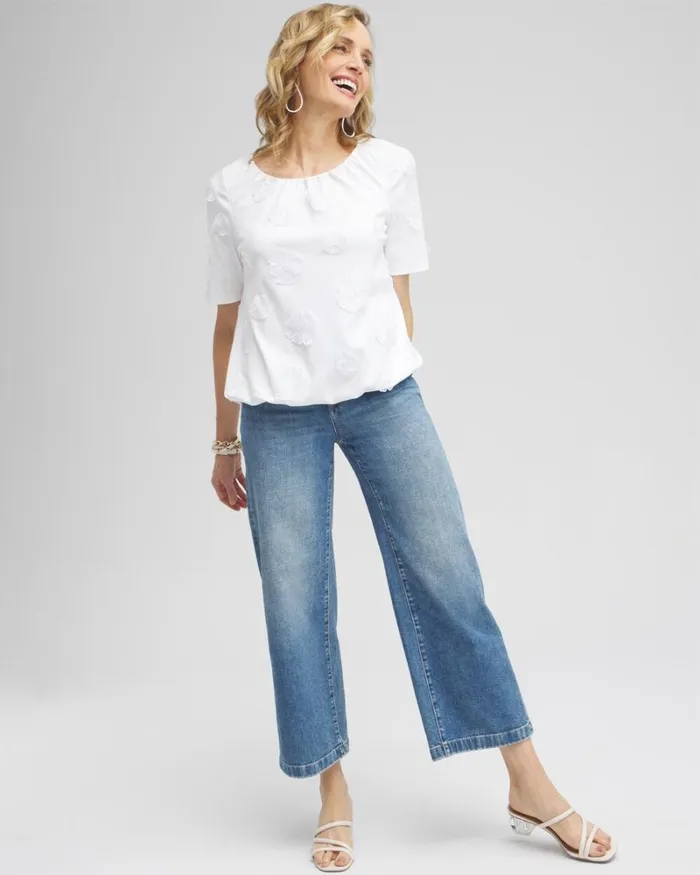 Chico039s Tops 3D Applique Bubble Hem Top Alabaster 8211 Clothing