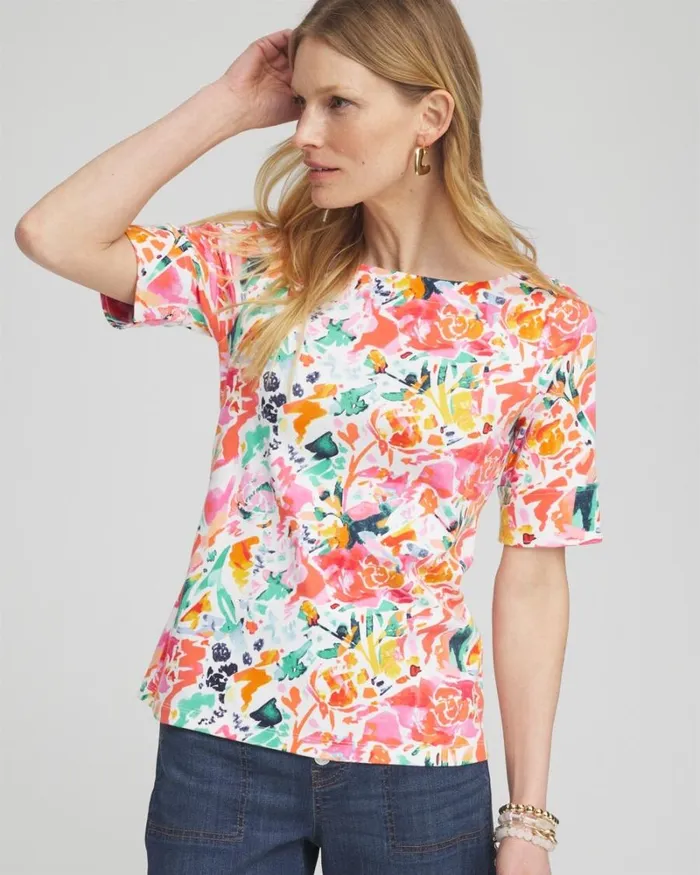 Chico039s Tops Abstract Bateau Neck Tee Watermelon Punch 8211 Clothing