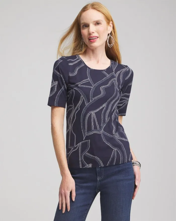 Chico039s Tops Abstract Everyday Elbow Sleeve Tee Classic Navy 8211 Clothing