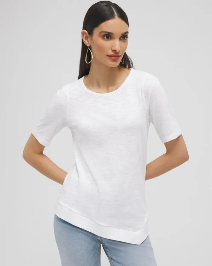 Chico039s Tops Asymmetrical Elbow Sleeve Tee Alabaster 8211 Clothing