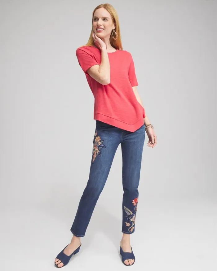 Chico039s Tops Asymmetrical Elbow Sleeve Tee Alabaster 8211 Clothing