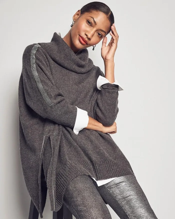 Chico039s Tops Ball Chain Knit Poncho Graphite Heather Gray 8211 Clothing