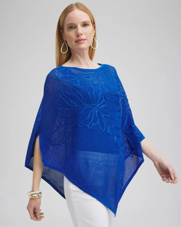 Chico039s Tops Embroidered Knit Triangle Poncho Intense Azure 8211 Clothing