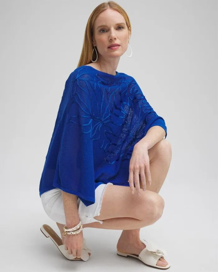 Chico039s Tops Embroidered Knit Triangle Poncho Intense Azure 8211 Clothing
