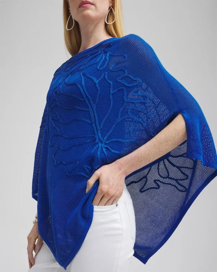 Chico039s Tops Embroidered Knit Triangle Poncho Intense Azure 8211 Clothing