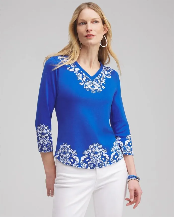 Chico039s Tops Etched Everyday 34 Sleeve Tee Intense Azure 8211 Clothing