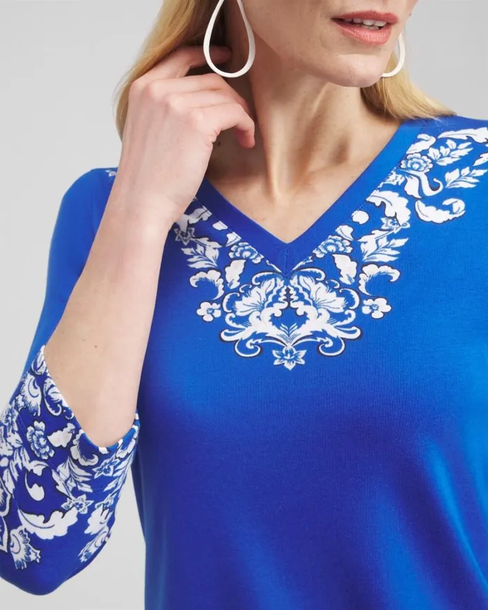 Chico039s Tops Etched Everyday 34 Sleeve Tee Intense Azure 8211 Clothing