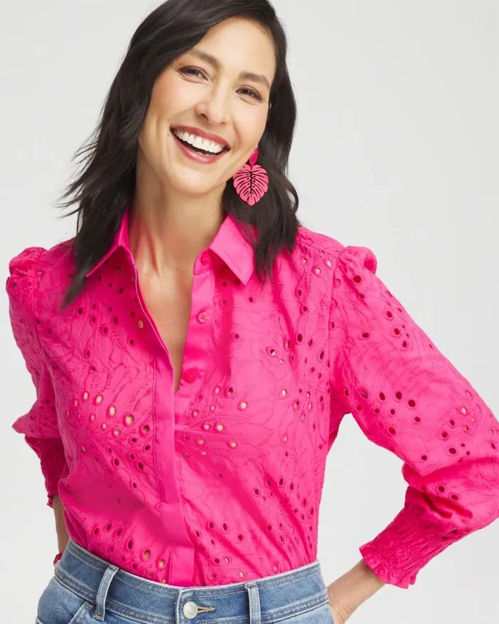 Chico039s Tops Eyelet Shirt Pink Bromeliad 8211 Clothing