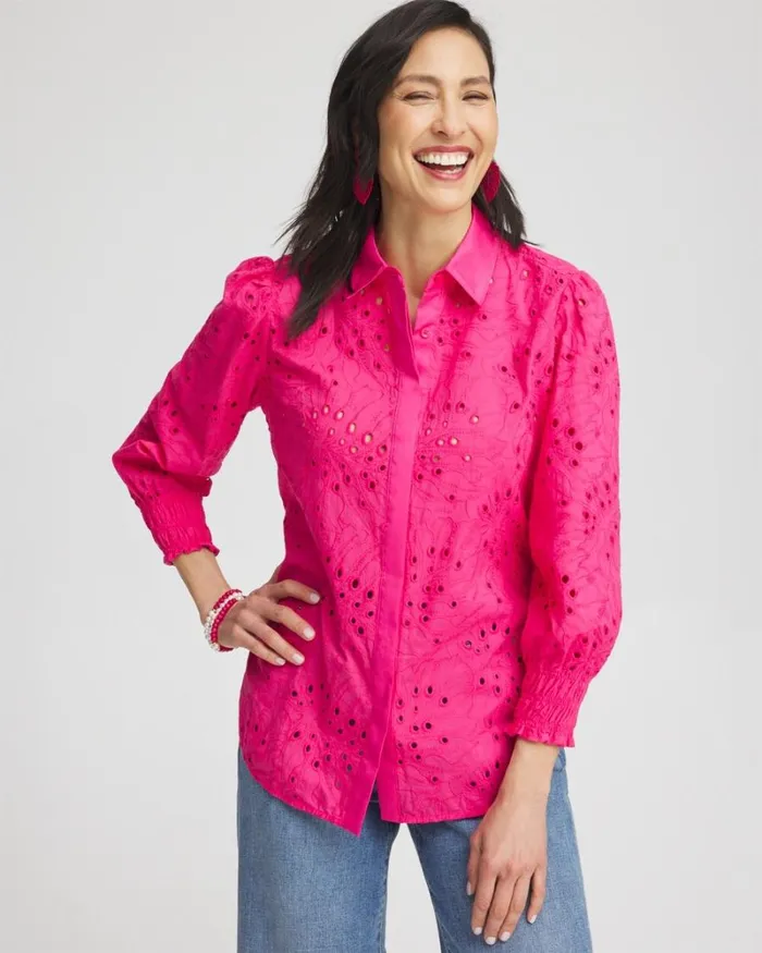 Chico039s Tops Eyelet Shirt Pink Bromeliad 8211 Clothing