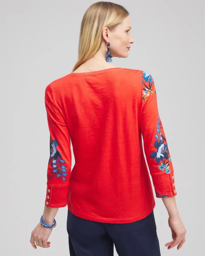 Chico039s Tops Floral 34 Sleeve Button Tee Nectarine 8211 Clothing