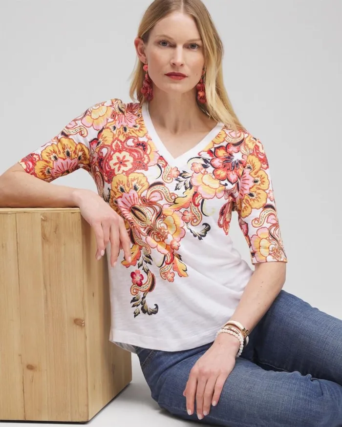 Chico039s Tops Floral Elbow Sleeve Aline Tee Alabaster 8211 Clothing