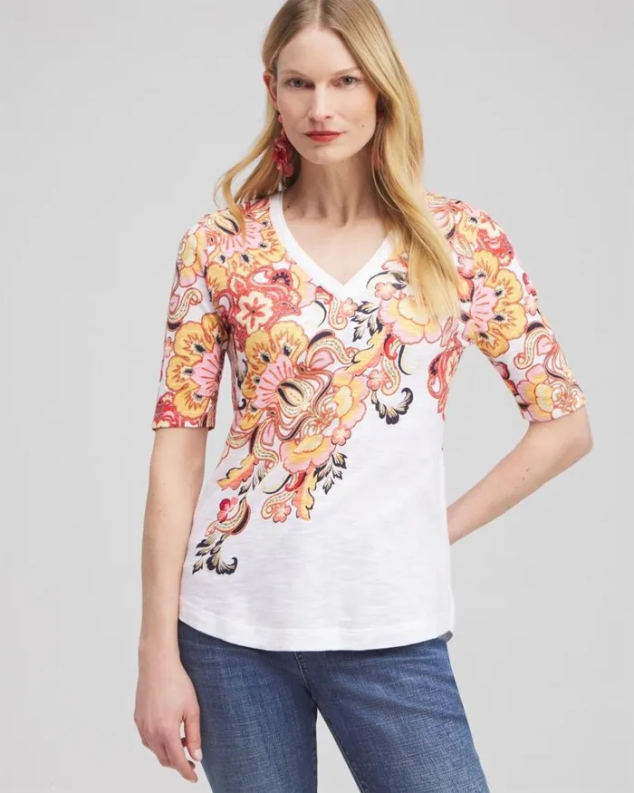 Chico039s Tops Floral Elbow Sleeve Aline Tee Alabaster 8211 Clothing