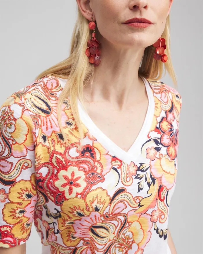 Chico039s Tops Floral Elbow Sleeve Aline Tee Alabaster 8211 Clothing