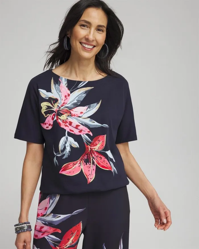Chico039s Tops Floral Gathered Hem Tee Classic Navy 8211 Clothing
