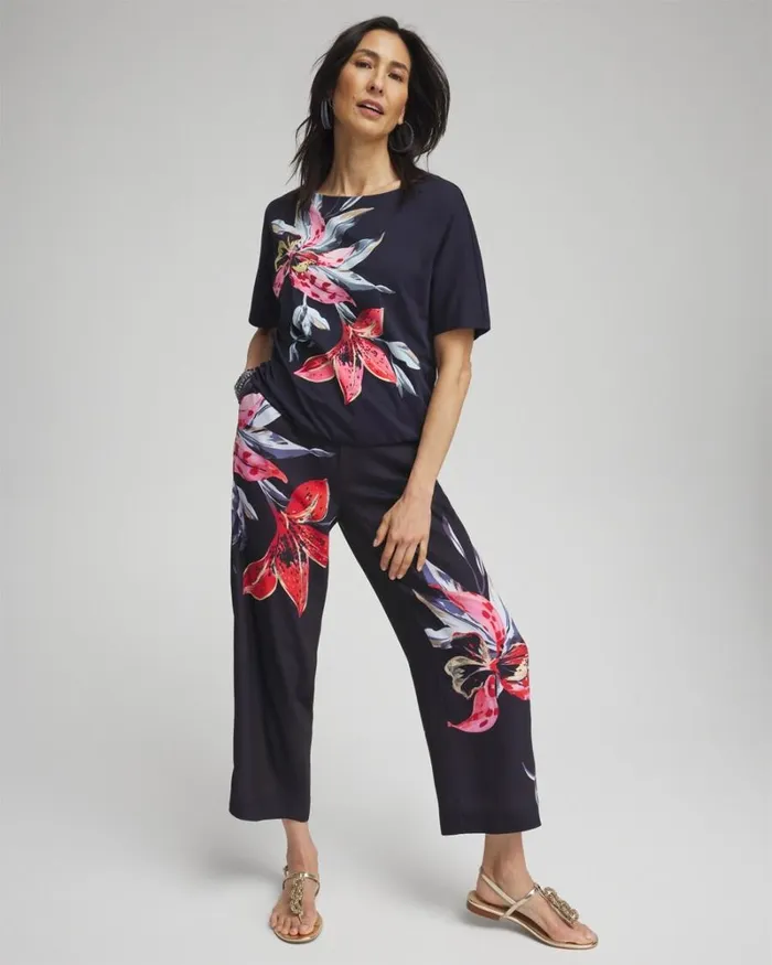 Chico039s Tops Floral Gathered Hem Tee Classic Navy 8211 Clothing