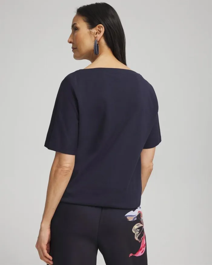 Chico039s Tops Floral Gathered Hem Tee Classic Navy 8211 Clothing