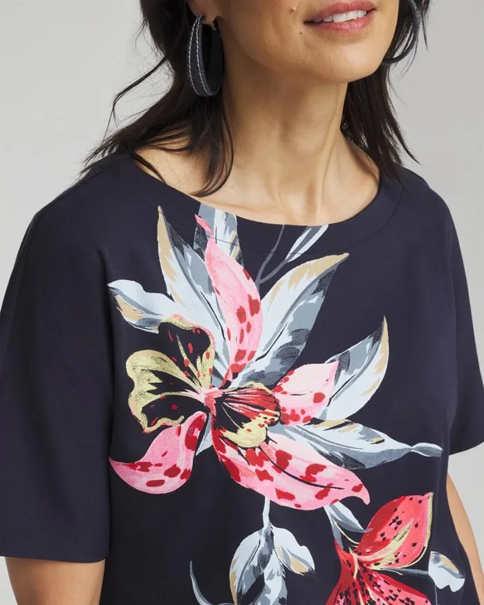 Chico039s Tops Floral Gathered Hem Tee Classic Navy 8211 Clothing