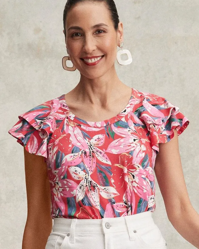 Chico039s Tops Floral Layered Cap Sleeve Tee Watermelon Punch 8211 Clothing