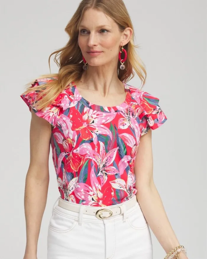 Chico039s Tops Floral Layered Cap Sleeve Tee Watermelon Punch 8211 Clothing