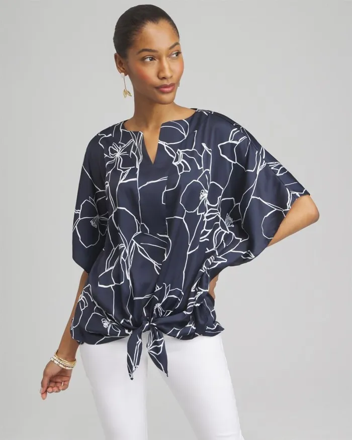 Chico039s Tops Floral TieFront Shirt Classic Navy 8211 Clothing